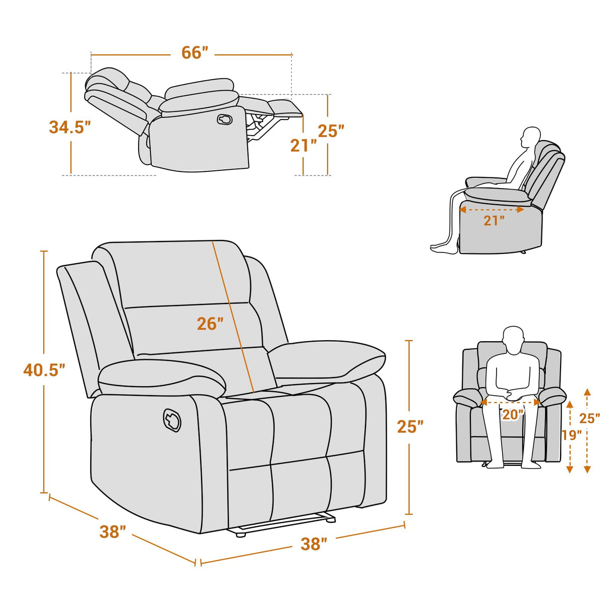 Manual Recliner Chair, Breathable PU Leather Reclining Chair, Extra Wide Recliners