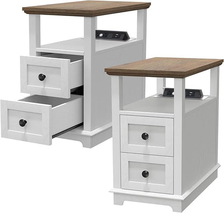 Narrow End Table with Flip Top Charging Station and 2 Drawers