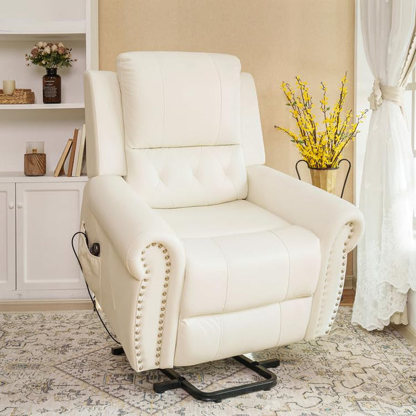 Tatiana Oversized Air Leather Power Lift Recliner Chair with Footrest, Reclining Chair with Remote Control, Premium Studded and Tufted Detailing, Side Pocket, Comfortable Power Lift Chair - Cream