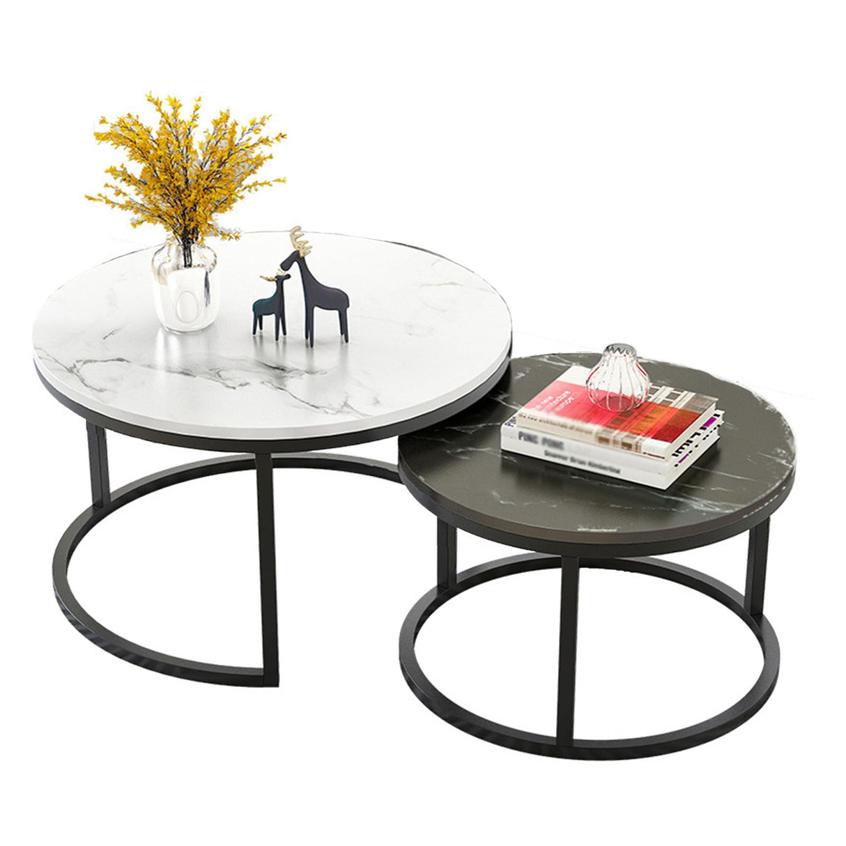 Modern Round Nesting Coffee Table Set of 2, Marbling Stack Side Tables, End Tables