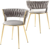 Modern Velvet Dining Chairs Set of 2, Upholstered Living Room Chair with Woven Back and Golden Metal Legs