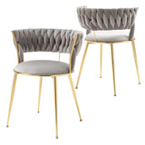 Modern Velvet Dining Chairs Set of 2, Upholstered Living Room Chair with Woven Back and Golden Metal Legs