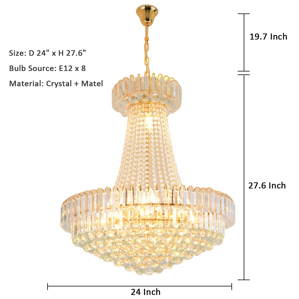 Luxury Crystal Chandelier, 24 Inch Empire Style Gold Chandelier with 8 Lights K9