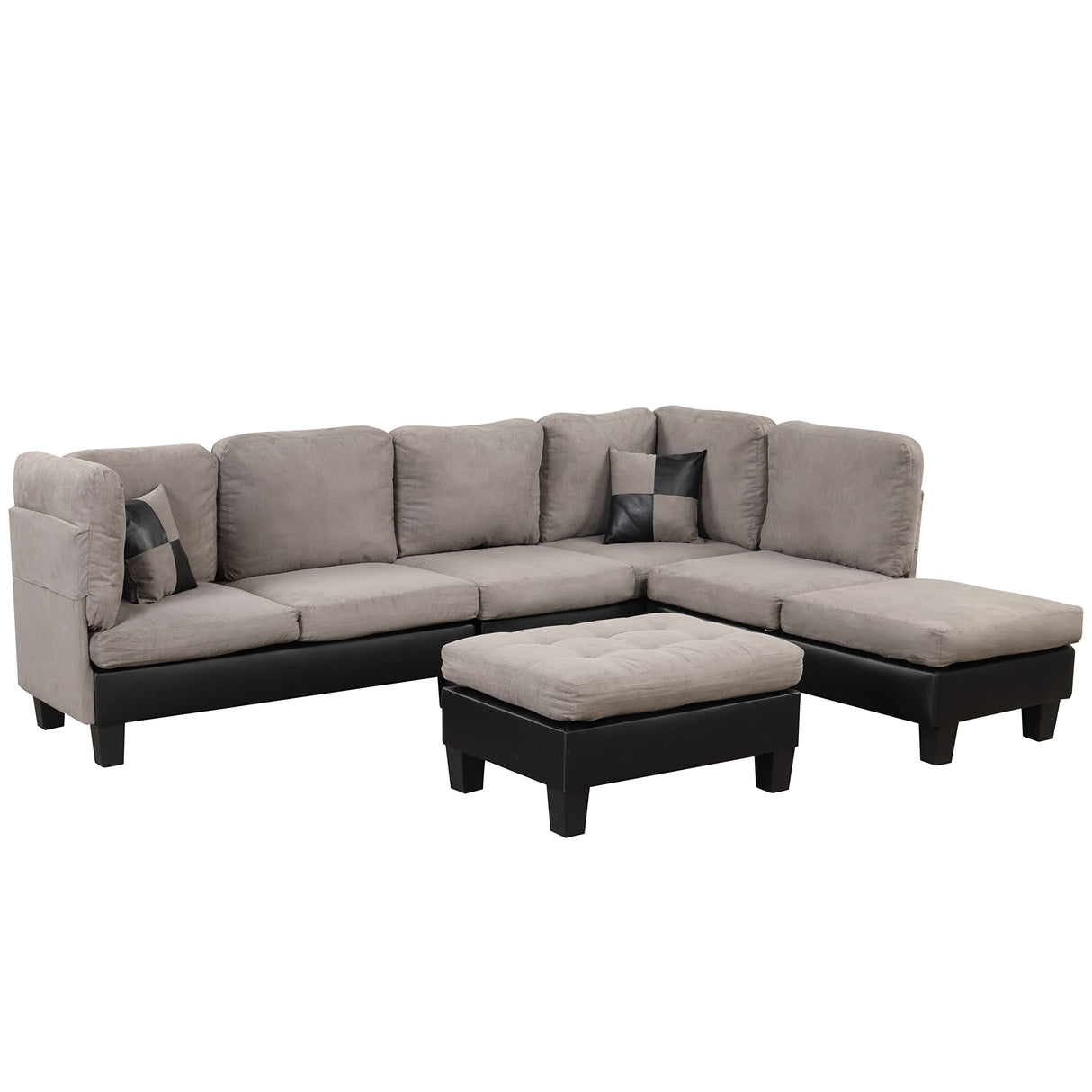 Modern 3 Piece Microfiber and Faux Leather L Shaped Sectional Sofa with Reversible