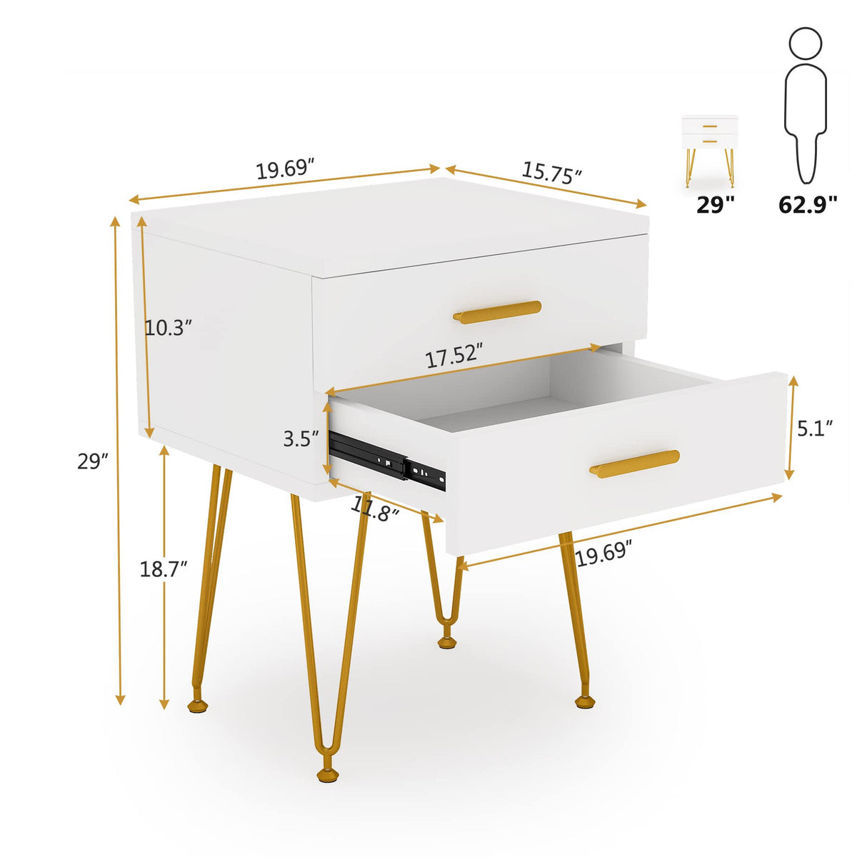 2-Drawer Nightstand Set of 2, White and Gold Bed Side Table with Metal Legs