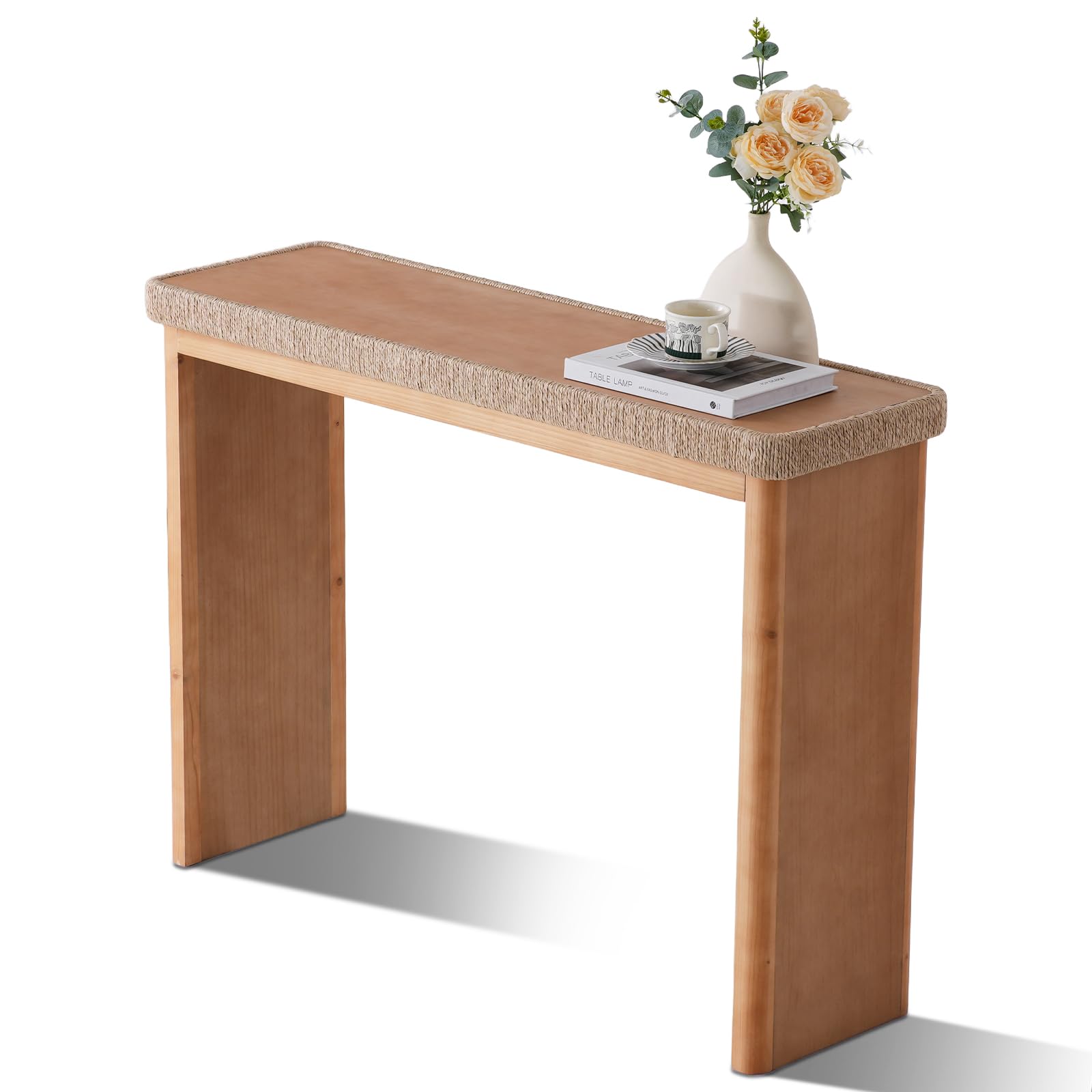 43" Farmhouse Console Table with Rattan Decor - Natural Wood Entryway Table