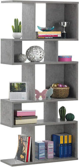 5-Tier Geometric Bookshelf Black, 70" Tall Wood Freestanding Decorative Display Open Shelves