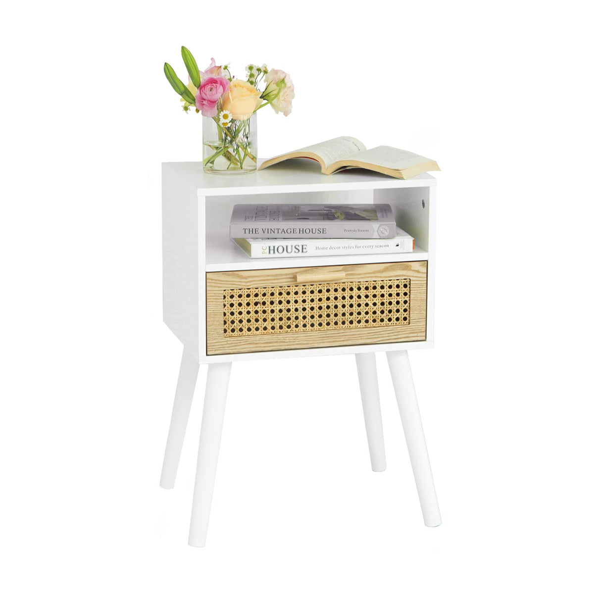 White Nightstand with Drawer, Mid Century Modern Nightstand, Rattan Side Table