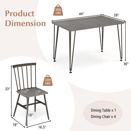 Tangkula Dining Table Set for 4, Kitchen Table and Chairs Set of 4 w/Metal Frame, 360° Swivel Feet, Space-Saving Dinette Table Set for Living Room, Restaurant, Breakfast Nook (Grey Oak)