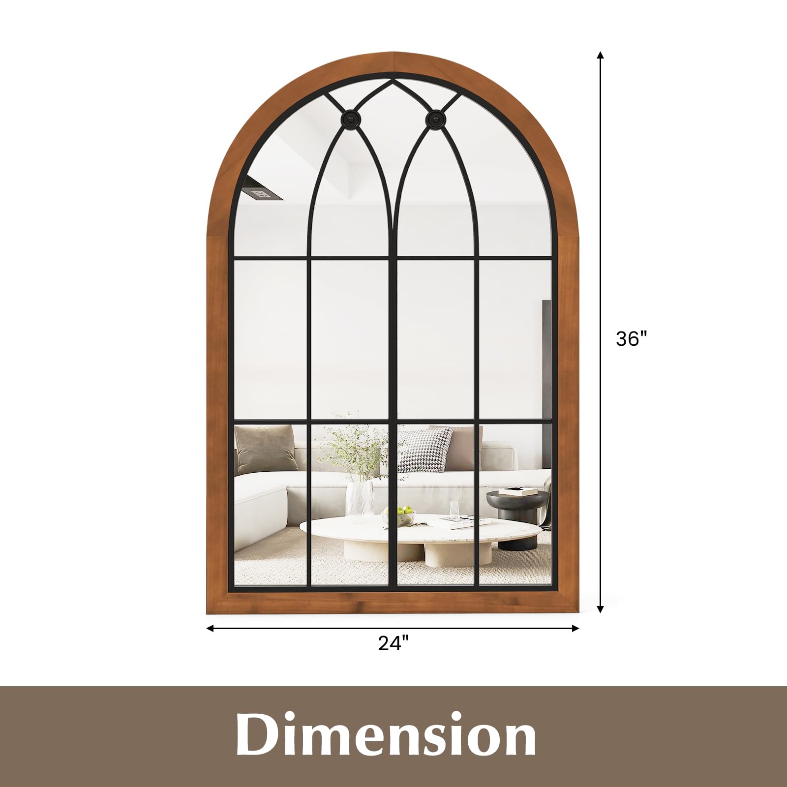 Arched Window Wall Mirror, 36''L x 24''W Farmhouse Accent Mirror, Rustic Wood Framed Mirror for Living Room Entryway Hallway Mantel Kitchen Wall Decor