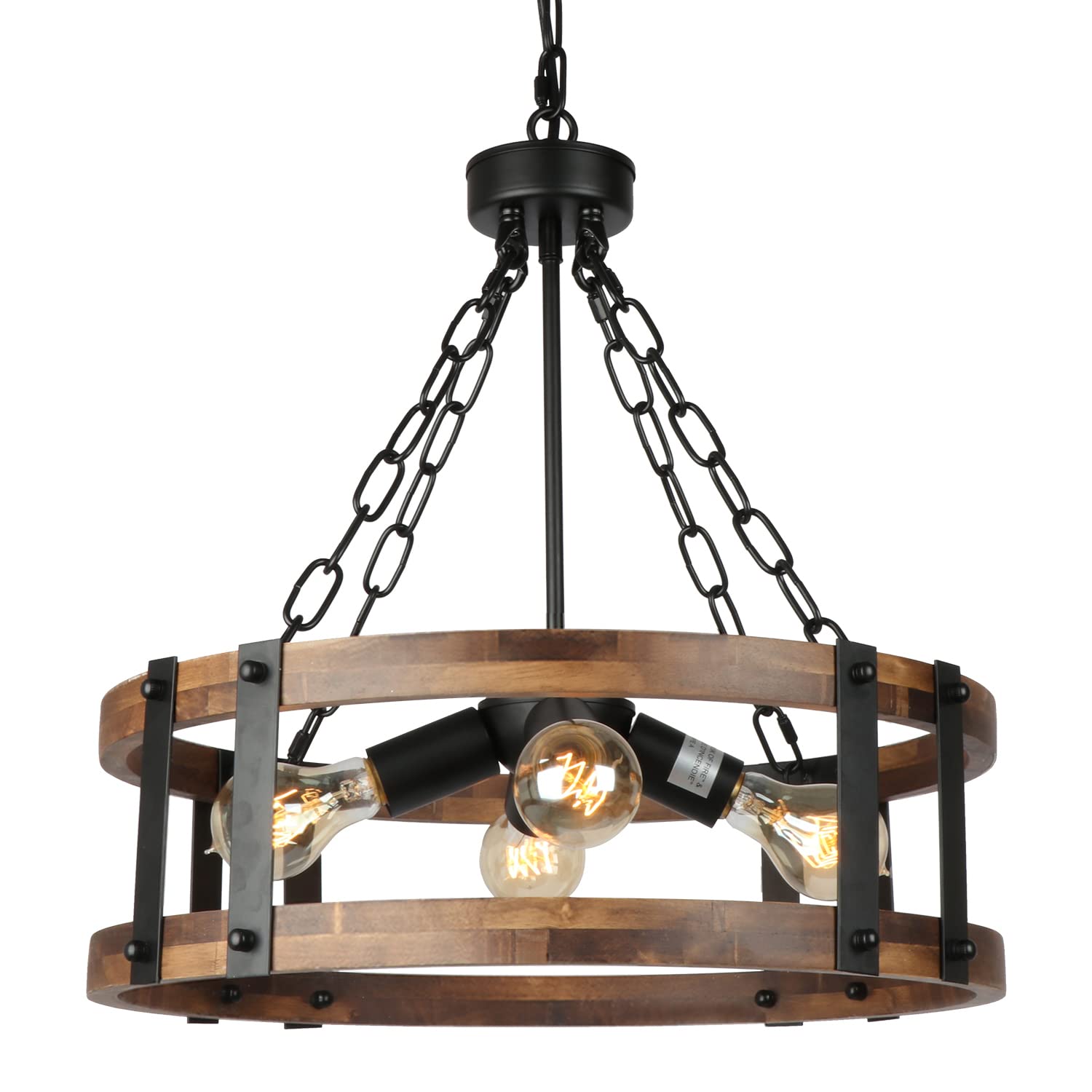Farmhouse Rustic Wood Chandelier, 4-Light Industrial Drum Chandelier