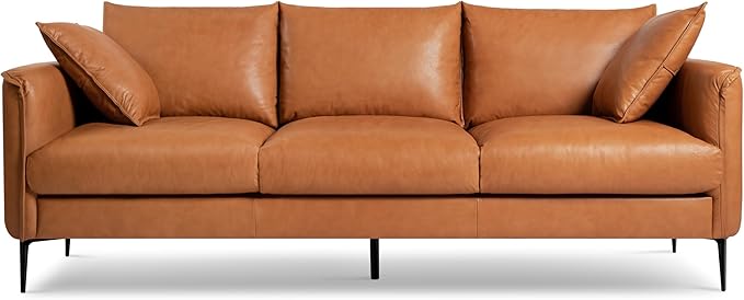 Jasper 85" Cognac Tan Brown 3 Seater Full Leather Couch | Mid Century Leather Sofa