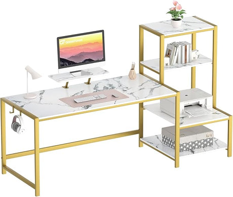 Office Desk 58 inch with Printer Shelf, Reversible Computer Desk with Movable Monitor