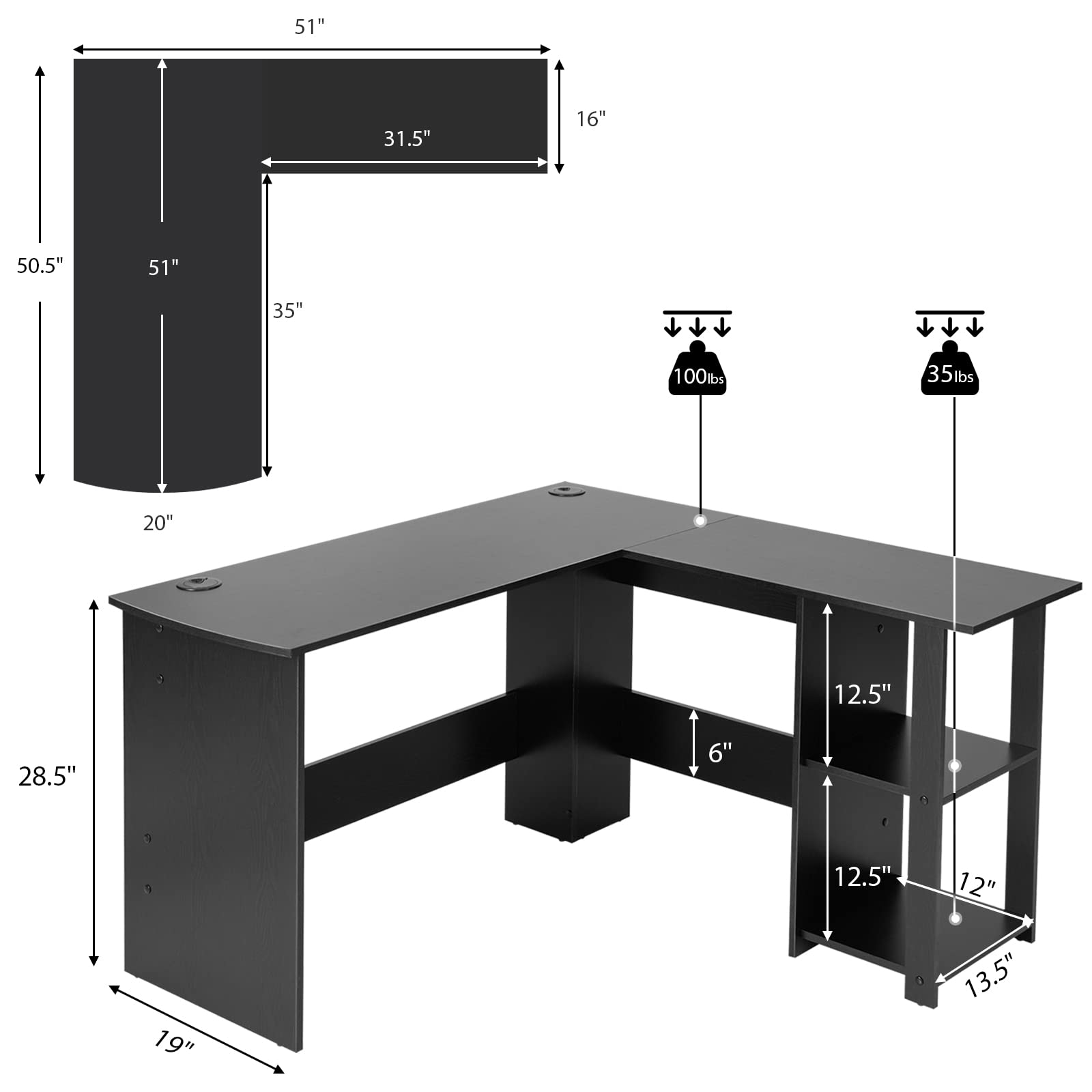 Shaped Computer Desk, Large Corner Computer Desk with 2-Tier Open Shelves & 2 Cable Management Holes