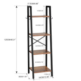 4 Tiers Ladder Bookcase, Industrial Narrow Bookshelf, Open Display Rack with 4 S Hooks, Metal Storage Shelves for Bedroom, Home Office, Living Room, Rustic Brown, 49.2H*13.4L*11.8W, UHBC024H