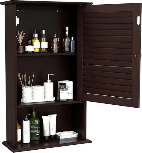 Bathroom Wall Cabinet, Large Capacity Storage Cabinet w/Single Louver Door & Height Adjustable Shelf