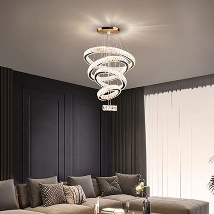 LED Big Crystal Chandeliers Modern 5 Rings Pendant Light Adjustable Ceiling Light