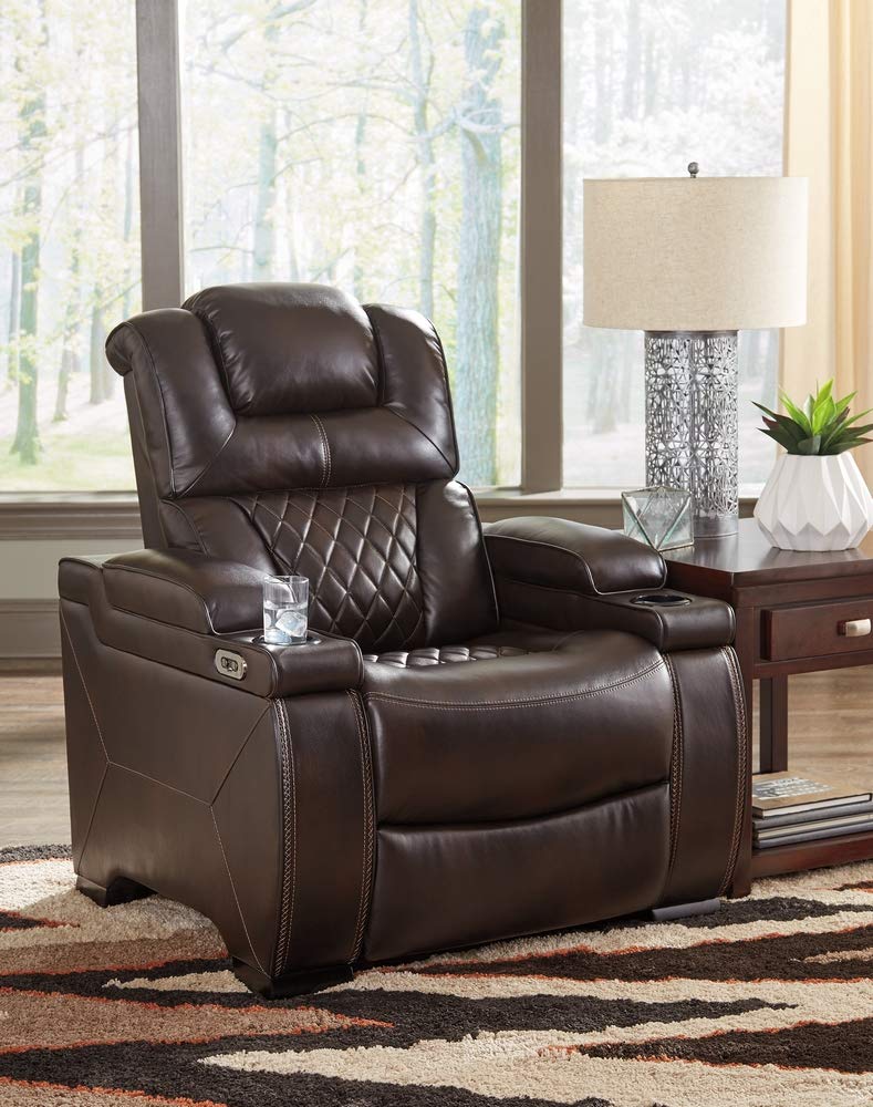 Warnerton Faux Leather Power Recliner with Adjustable Headrest, Brown