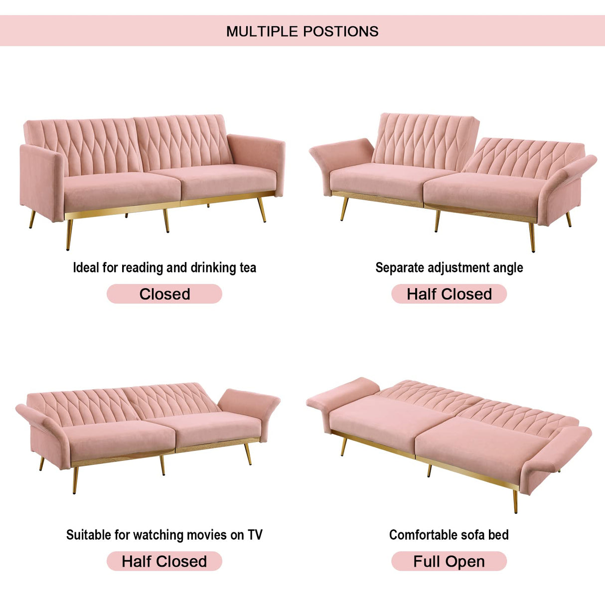 Velvet Convertible Futon Sofa Bed with Golden Metal Legs,