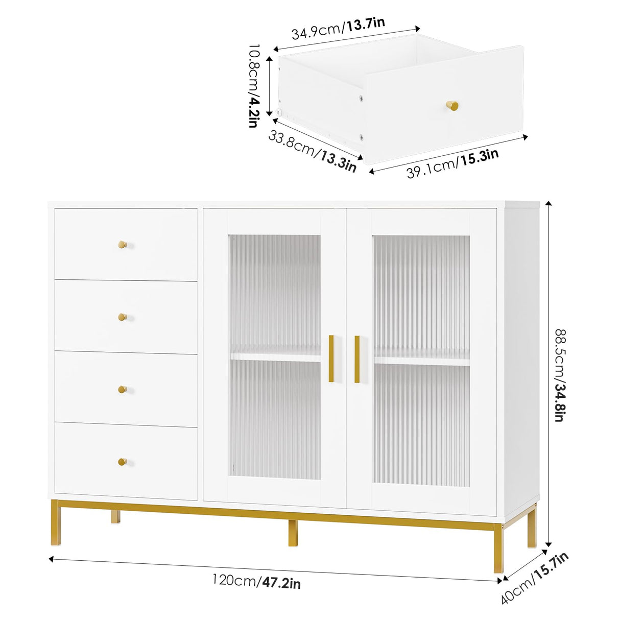 finetones Sideboard Buffet Cabinet with Storage, 47.2" White Gold Kitchen Cabinet with Fluted Glass Doors and Gold Metal Legs,