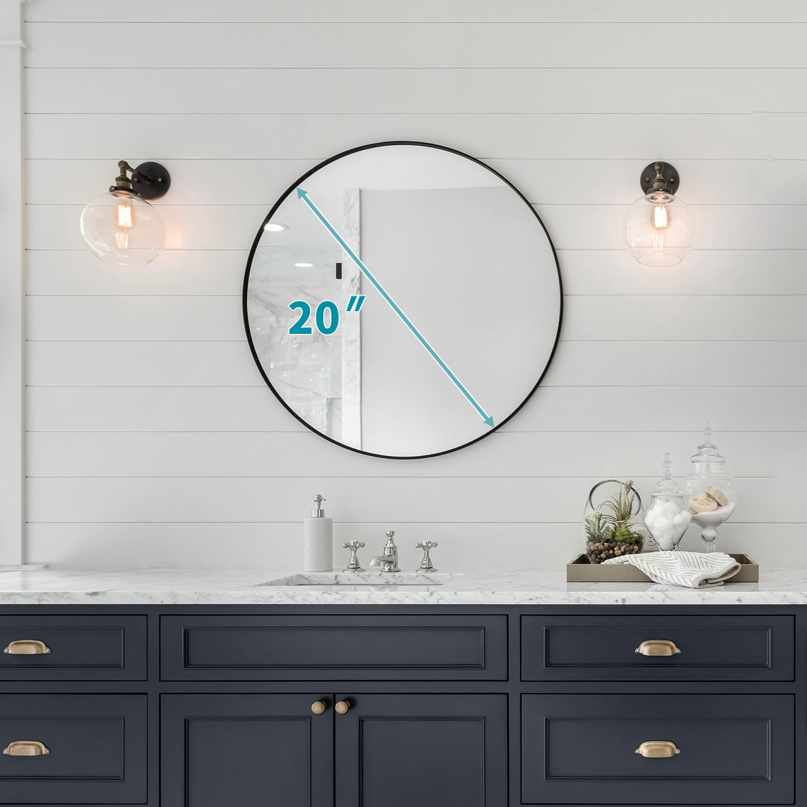 Black Circle Mirror for Wall 20 inch - Round Mirror for Bathroom, Entryway