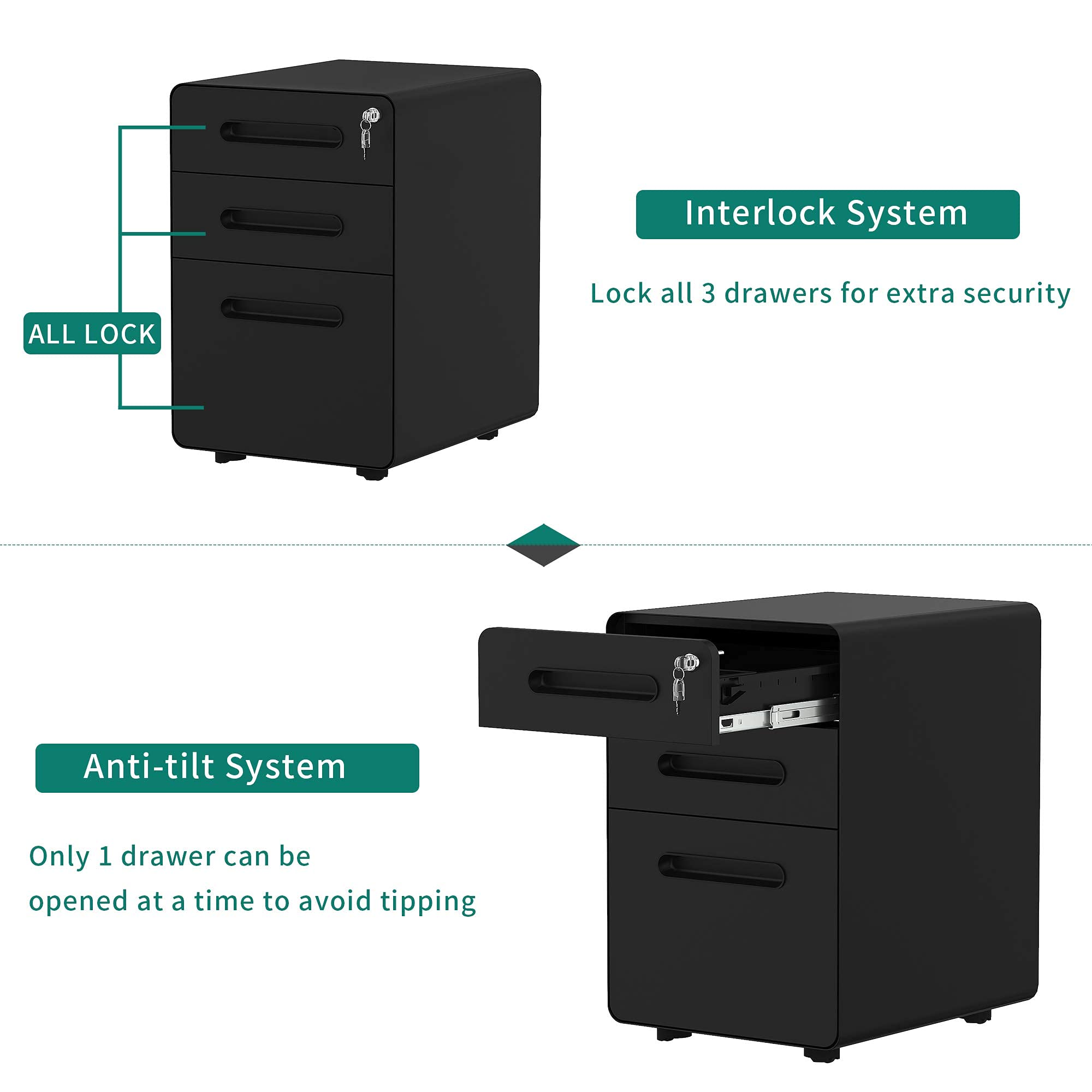 3-Drawer Rolling File Cabinet, Metal Mobile File Cabinet with Lock,