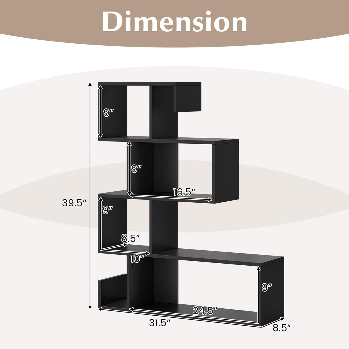 IFANNY S-Shaped Bookshelf, Geometric Bookcase with Open Shelves, 5 Tier Display Shelf, Modern Shelving Unit, Wood Standing Shelf, Book Shelf for Bedroom, Living Room, Study (Black)