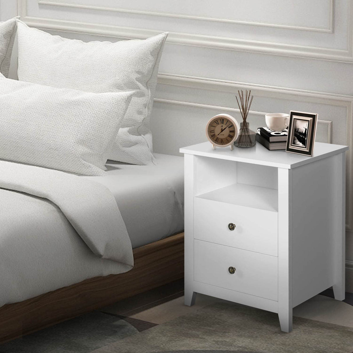 White Nightstand Set of 2, Bedroom Nightstand with 2 Storage Drawers