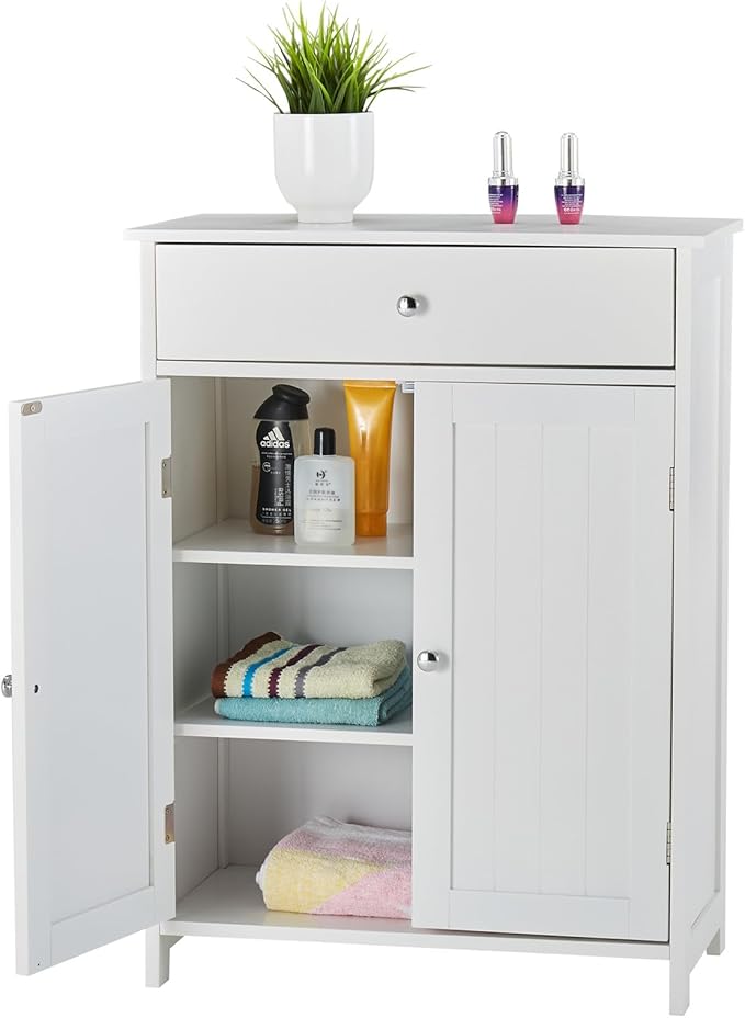 Storage Cabinet with Drawer,White Floor Bathroom Cabinets with Doors and Adjustable Shelf,