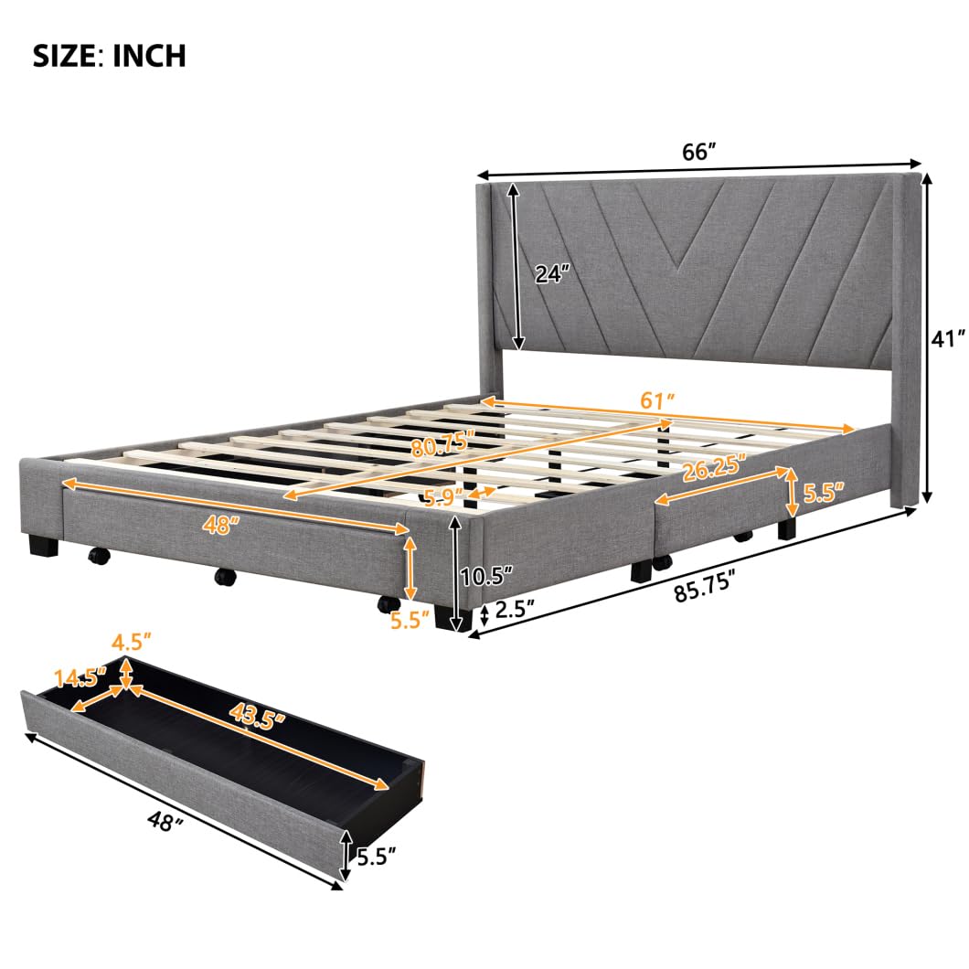 Queen Size Platform Bed with 3 Drawers,