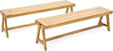 Acacia Wood Benches Set of 2, Outdoor Patio Dining Bench, Wood Slat Panel Bench Chairs