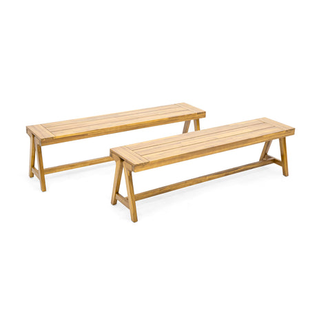 Acacia Wood Benches Set of 2, Outdoor Patio Dining Bench, Wood Slat Panel Bench Chairs