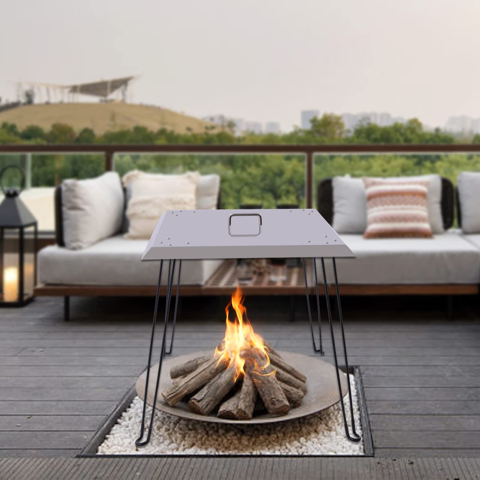 Stainless Steel Fire Pit Heat Deflector - 24x24x24 Inch Square Lid with Foldable Legs & Carrying Handle