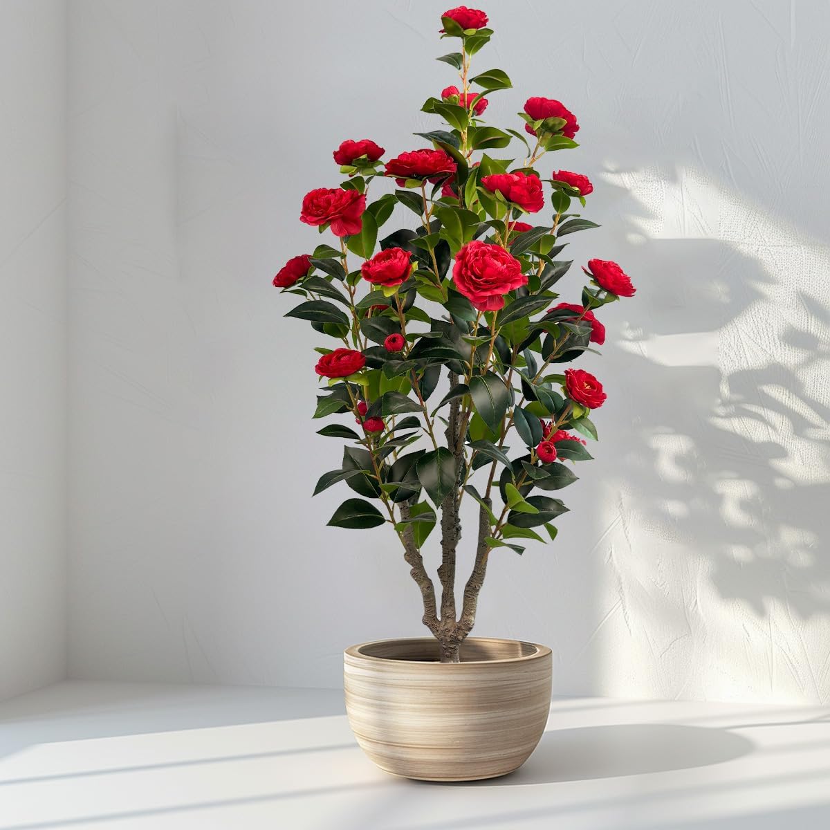 3.4ft Artificial Camellia Tree | Red Flowers & Green Leaves | Indoor Outdoor Decor