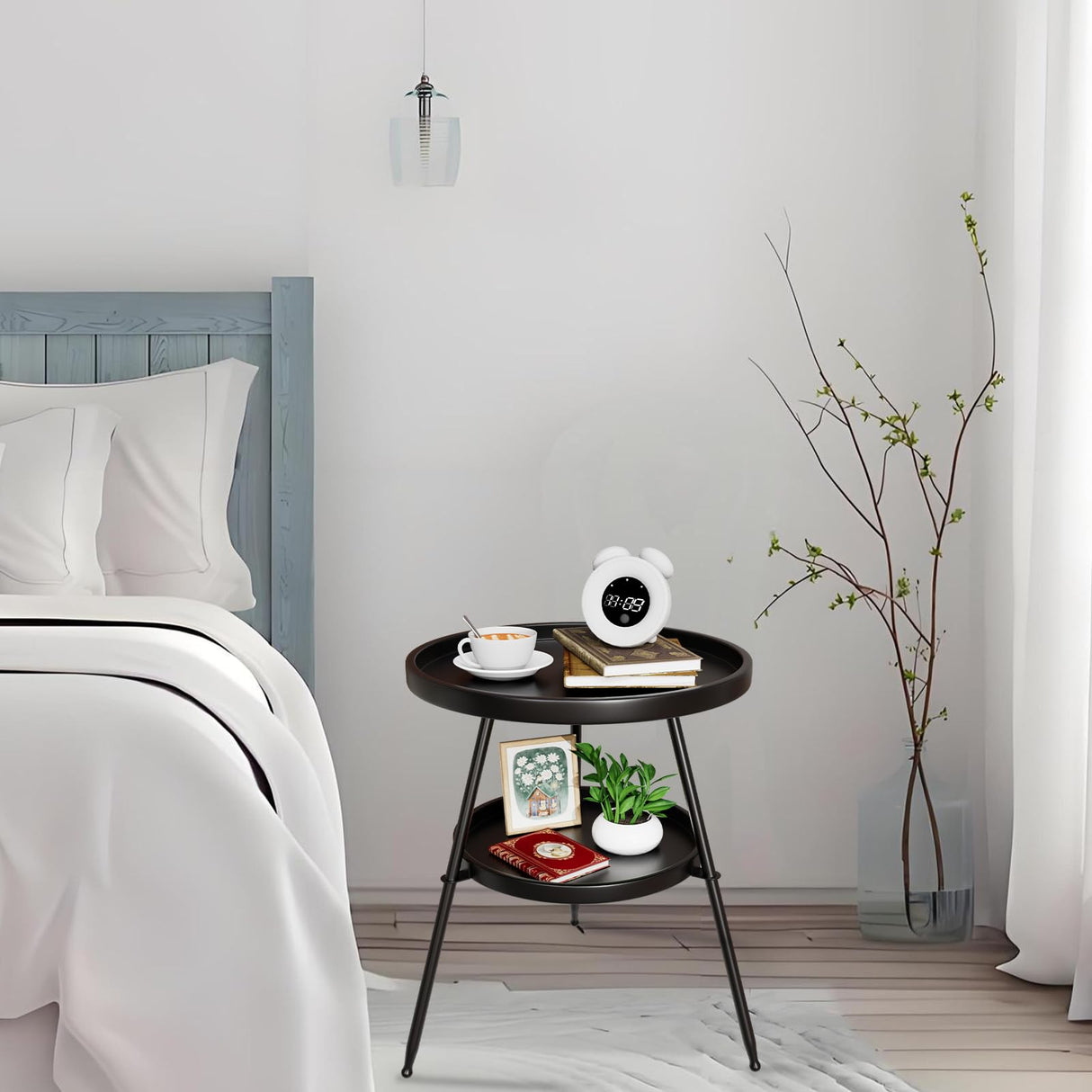 2 Tier Round End Table，Black Small Side Table Round Metal Coffee Tables Nightstand