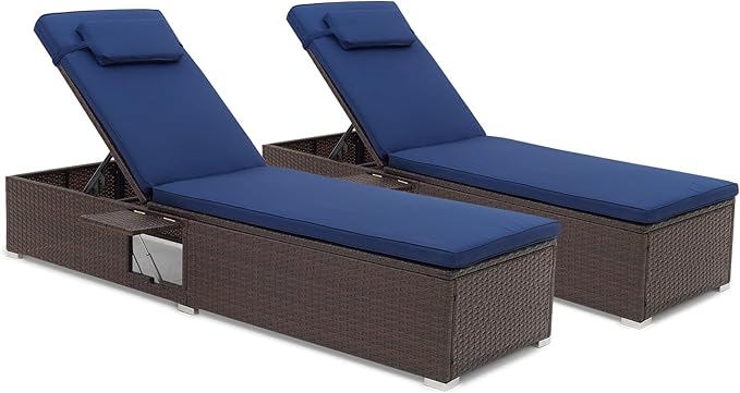 Patio Chaise Lounge Set of 2, Outdoor Rattan Lounge Chair with 6-Level Backrest