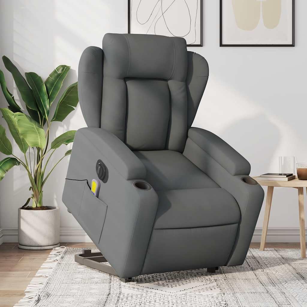 Stand Up Massage Recliner Chair - Dark Gray Fabric, Lift Assist Armchair for Elderly, 135° Recline, 6-Point Vibration, Cup Holders