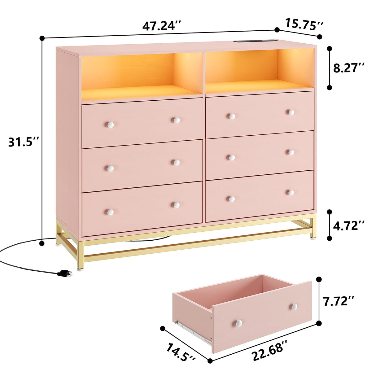 Wide Dresser for Bedroom with Charging Station, 6 Drawer Dresser