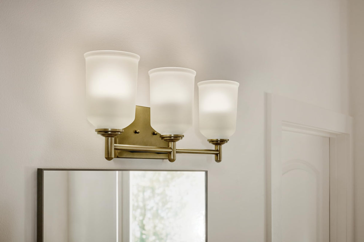 Shailene 21" 3-Light Vanity Light with Clear Satin Etched Glass in Natural Brass for Over