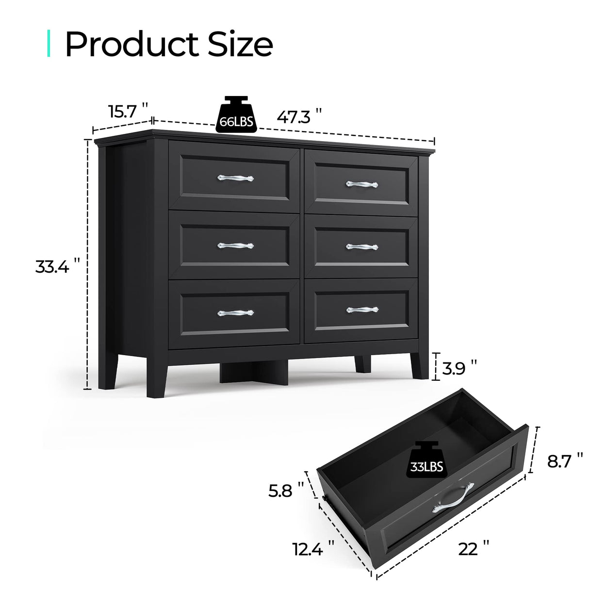 Black Dresser for Bedroom Long Dresser with 6 Drawers