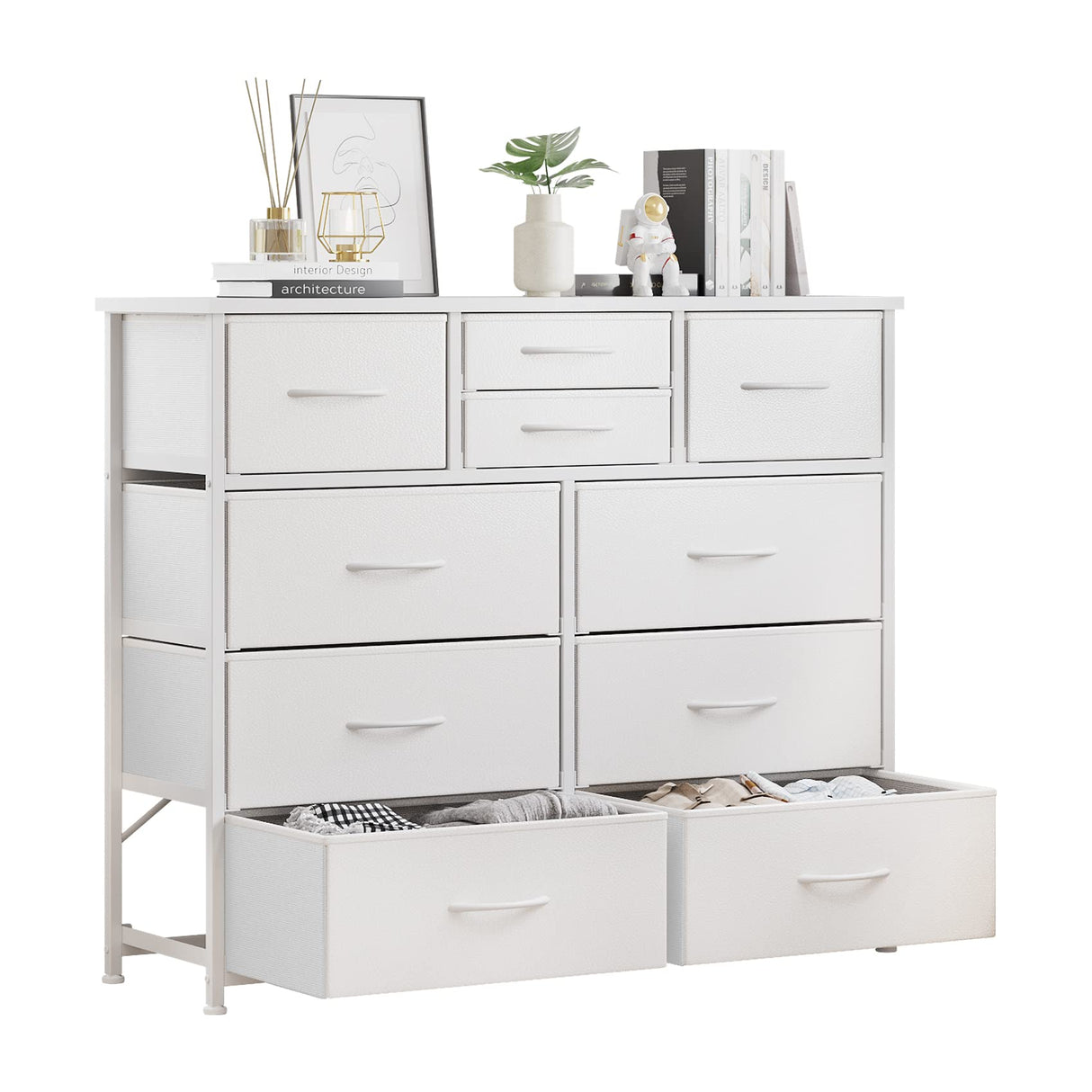 10-Drawer Dresser, Fabric Storage Dressers Drawers for Bedroom, Hallway, Nursery, Closets, Steel Frame, Wood Top, Easy Pull Handle (White)