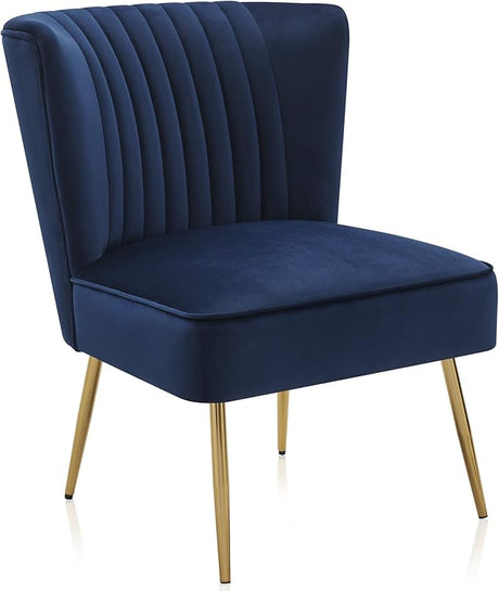 Modern Velvet Accent Chair, Armless Slipper Chair with Gold Legs Channel Tufting,