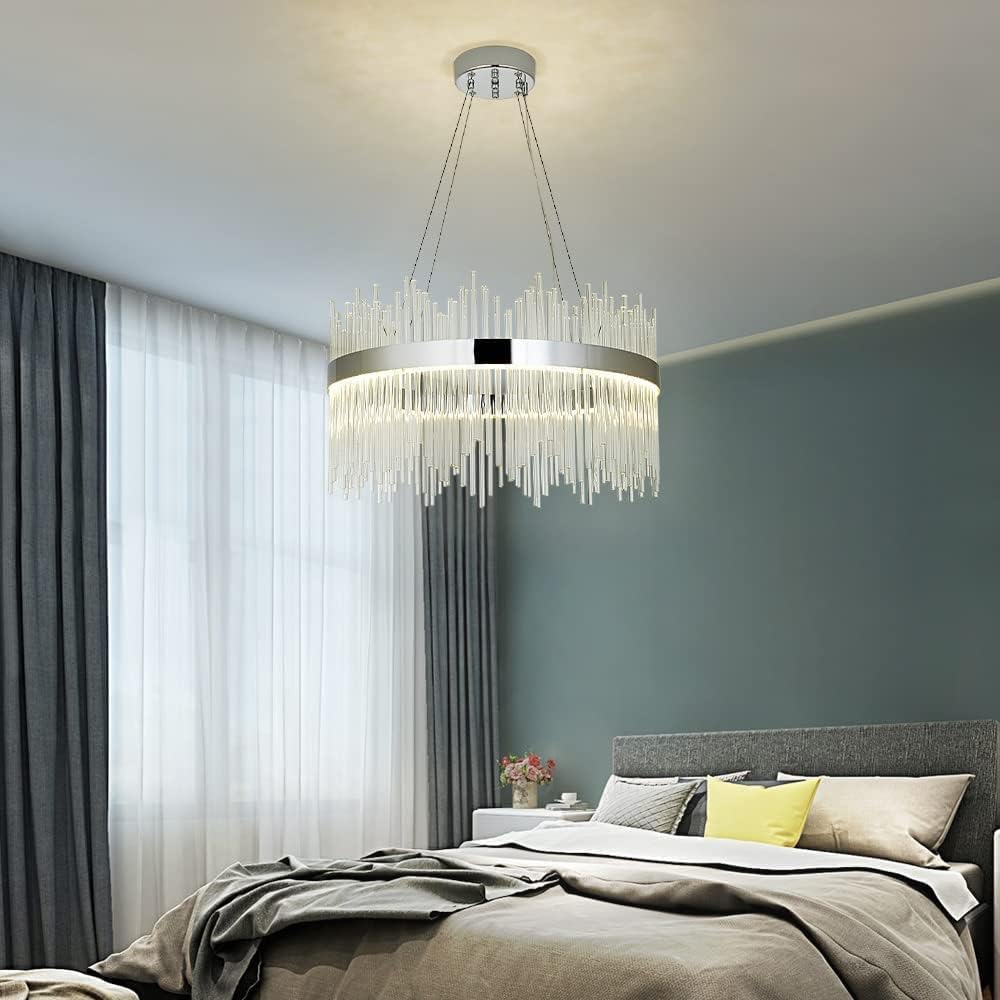 Modern Crystal Chandelier 3-Color Changable LED Chrome Chandelier Round Hanging