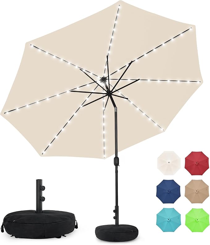 Solar 80 LED 9 ft Patio Umbrella with Sand Bag Umbrella Base