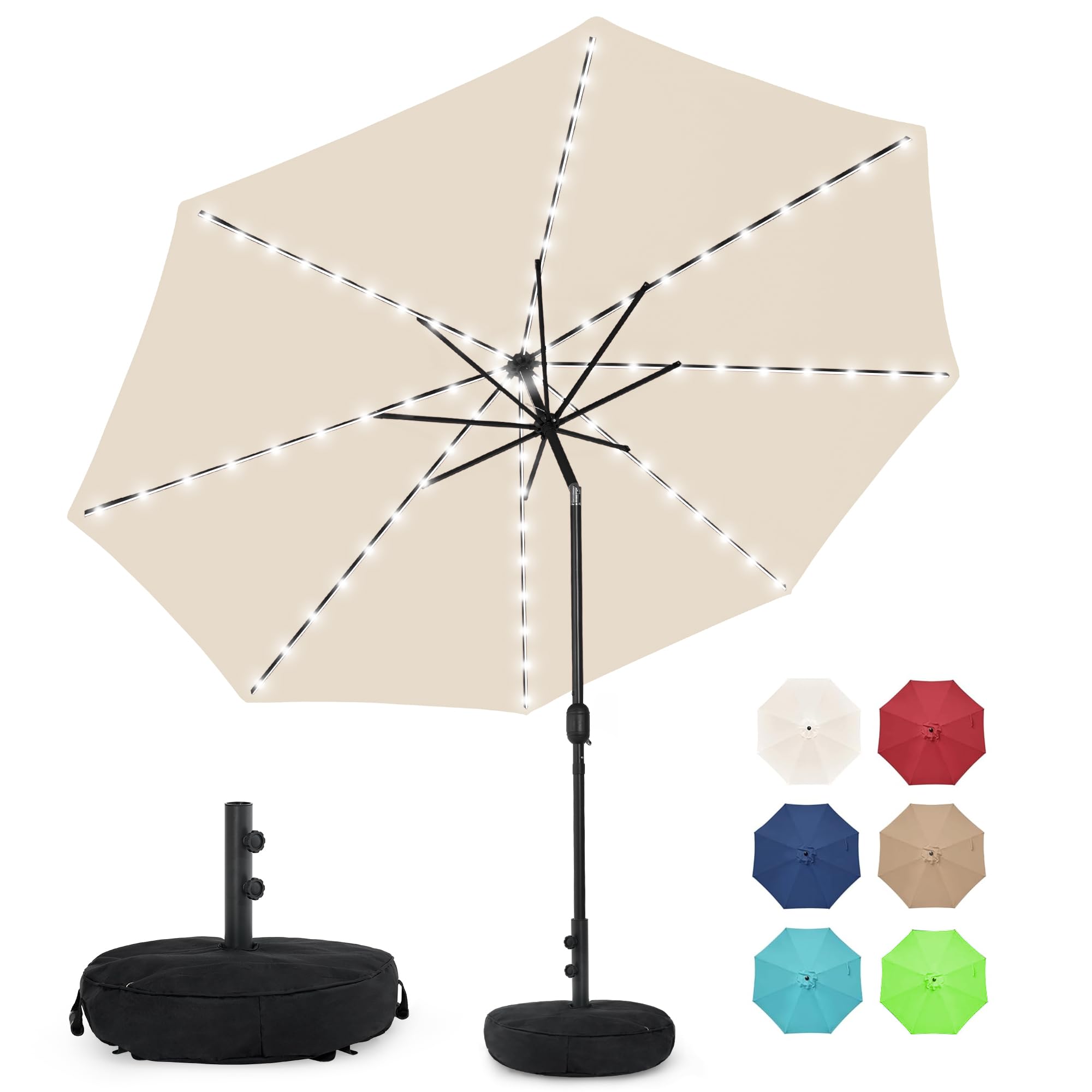 Solar 80 LED 9 ft Patio Umbrella with Sand Bag Umbrella Base