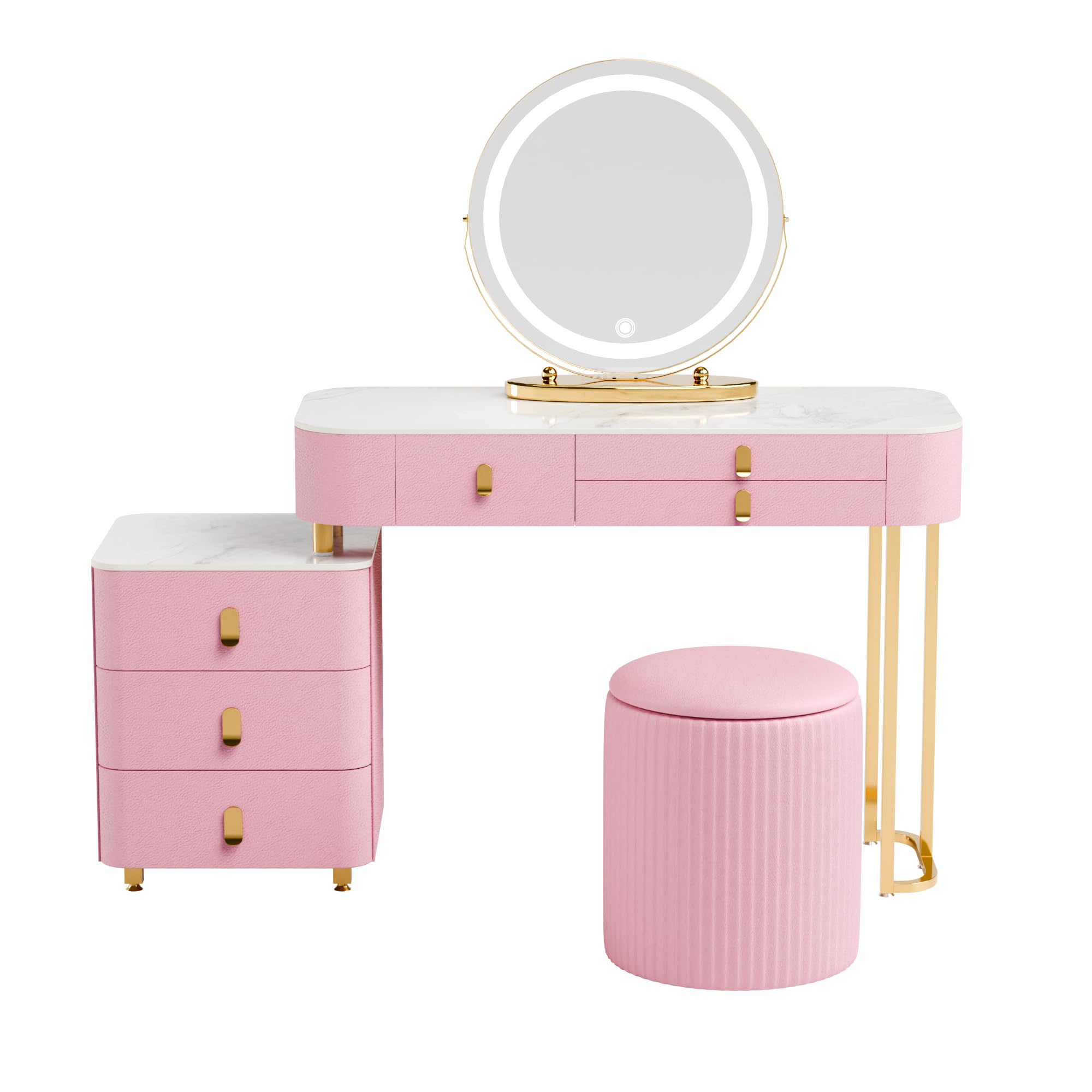 Hunlyman Luxury Makeup Vanity-Vanity Desk with 3-Color Adjustable Lights and 6 Solid Wood Drawers,Dressing Table with Side Cabinet Marble Desktop for Modern Bedroom for Her Gift (Pink)