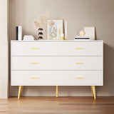 White Dresser for Bedroom, 6 Drawer Wooden Double Dresser with Gold Handles