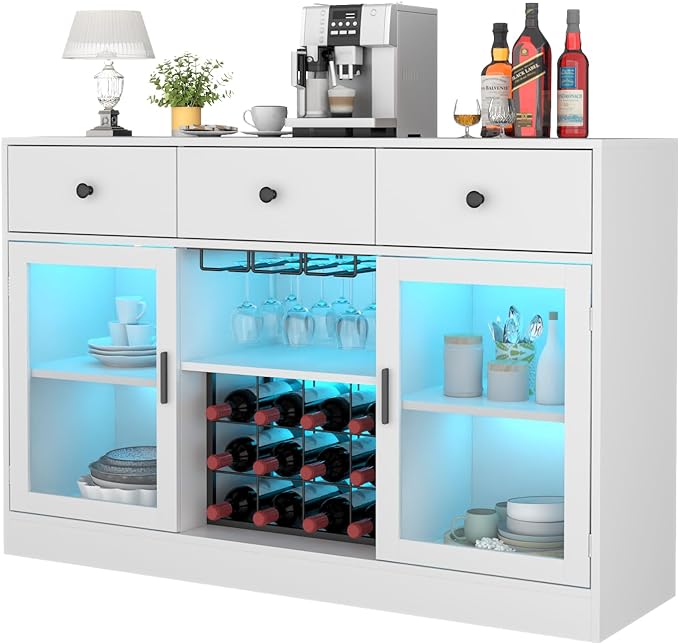 Wine Bar Cabinet with LED Light, Home Coffee Cabinet with Wine and Glass Rack