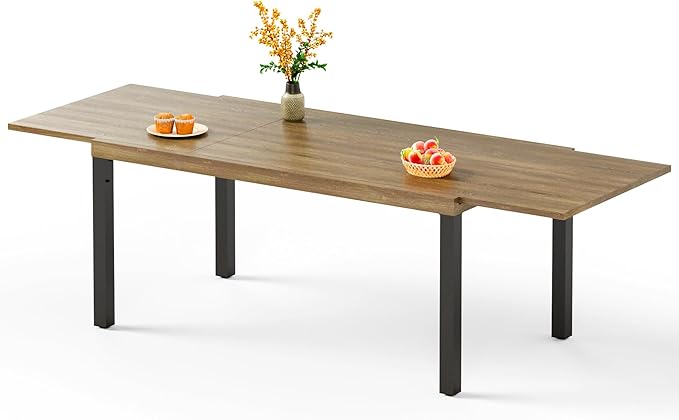 Outdoor Metal Expandable Dining Table, Wood-Like Wrought Iron Extendable