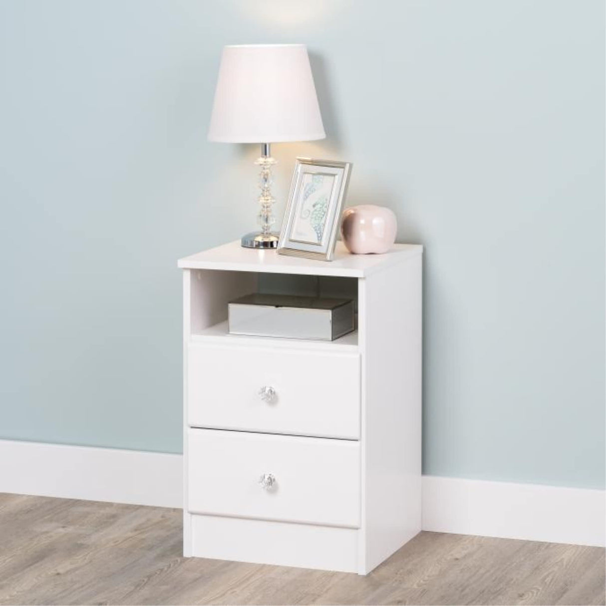 Astrid Simplistic Nightstand with 2 Drawers and Open Shelf, Functional Bedside Table